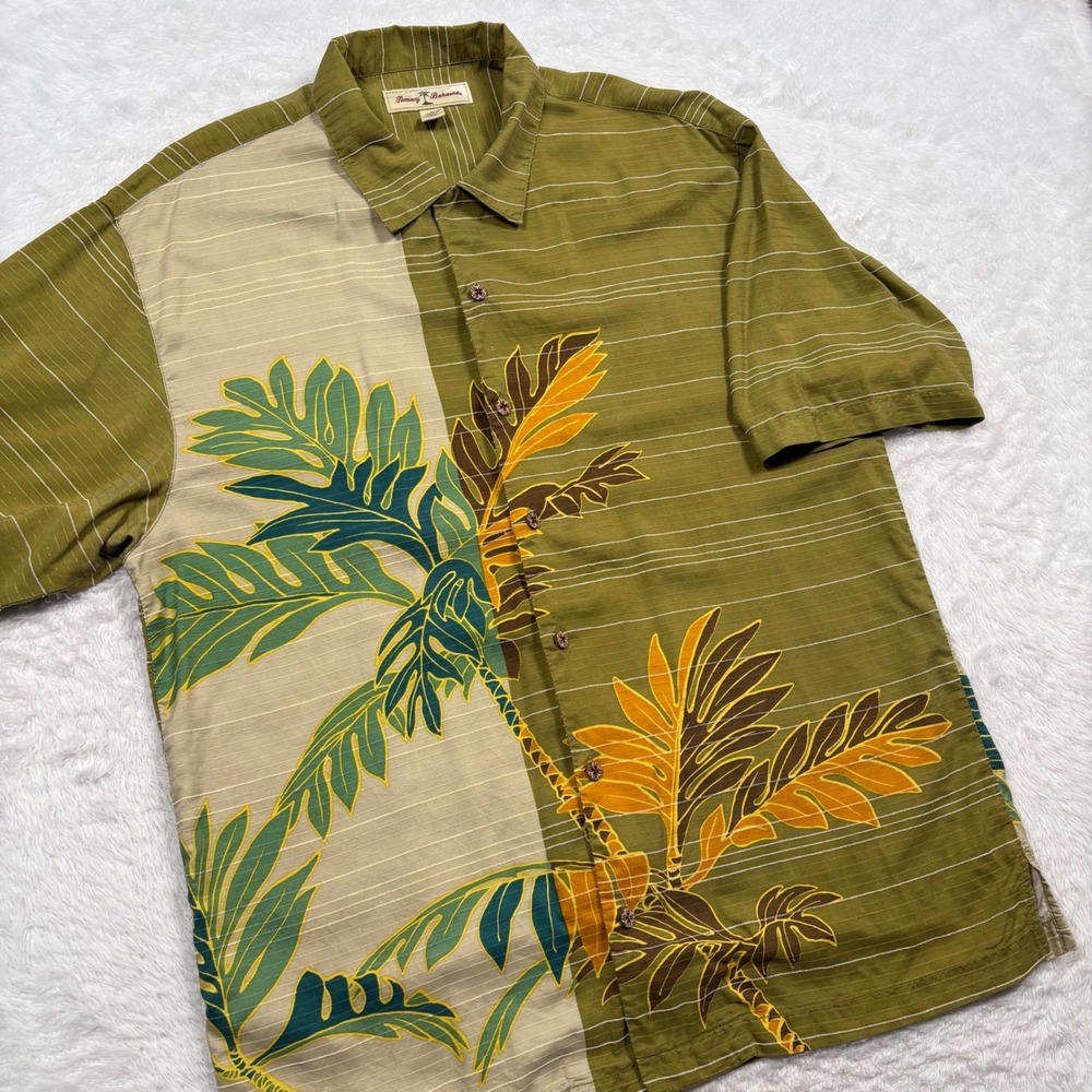 Tommy Bahama Button Shirt Men M Olive Green Silk Blend Tropical Palm Loop Collar